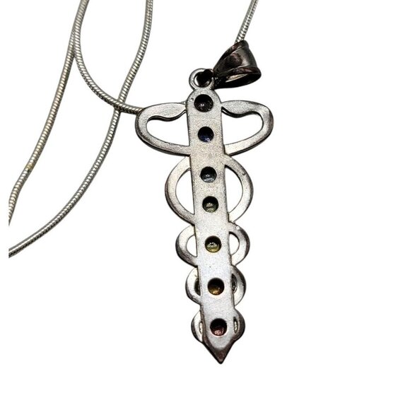 Chakra Healing Caduceus Pendant Necklace Faux Gemstones 35" Chain Silver Tone - Picture 15 of 16